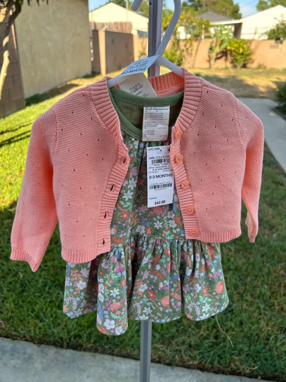 First Impressions Pink Cardigan with Green Floral Dress Set